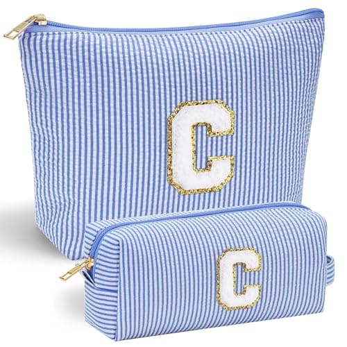Parima Makeup Bag for Women Girls - Preppy Makeup Bag Personalized Initial C Blue Make up Pouch for Girlfriend Bridesmaid Wife Cute Cosmetic Travel Toiletry Bags for Her Mom Birthday Preppy Stuff