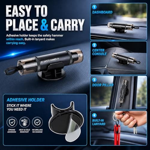 Soodyoow 3 Pack Car Safety Hammer, 2 in 1 Escape Tool with Seat Belt Cutter & Window Breaker, Portable Glass Breaker for Windscreen, Essential Auto Safety Kit for Car, Bus, Truck (Black/Red/Gray) — view 5