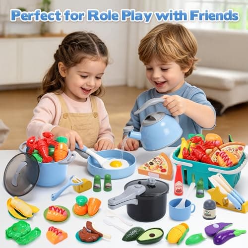 CUTE STONE Kids Kitchen Pretend Cooking Toy Set with Pressure Cooker, Toy Pots & Pans, Play Food, Kids Cookware Utensils & Shopping Basket, Toddler Kitchen Accessories Gift for Boys Girls — view 6