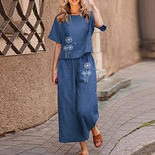 Nuaoxyeu holiday co ord sets for women Co Ords Sets for Women Uk Cotton Linen Two Piece Outfits Trousers and Shirt Set Summer Breathable Travel Outfit Baggy Twin-Sets Cozy Gym Navy, XL — view 4