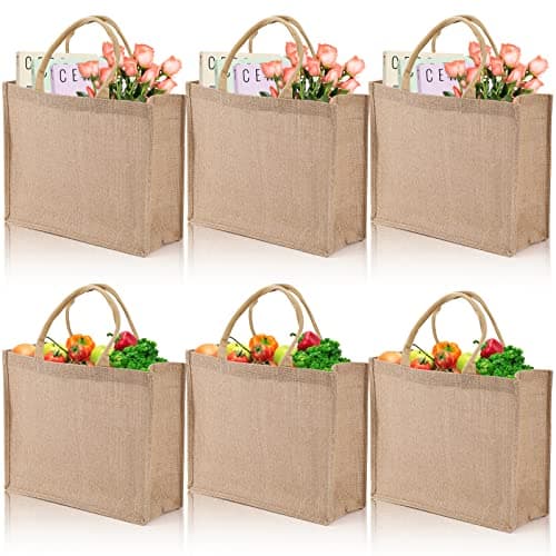 DEAYOU 6 Pack Large Jute Burlap Tote Bag, Jute Beach Bag with Laminated Interior, Burlap Gift Tote with Handle, Reusable Lined Market Grocery Shopping Bag for DIY, Wedding,15.4''x12.2''x5.9'' — view 4