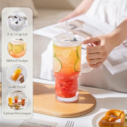 KEMORELA 768ml Ribbed Glass Tumbler with Handle, Leakproof Lid & Straw, 26oz Large Iced Coffee Glass Cup with Straw Brush, Reusable Glass for Smoothies, Matcha & Juice, Car Cup Holder Friendly — view 5