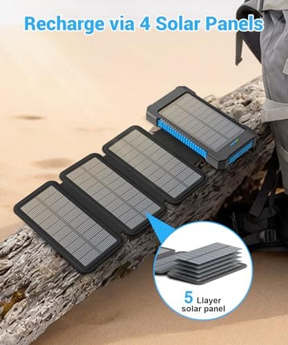 Solar Power Bank 26800mAh with 4 Solar Panels, 18W USB-C Power Bank Fast Charging Portable Battery for Phones, IPX7 Waterproof External Battery Pack with Flashlight Light/SOS/Strobe (blue) — view 4