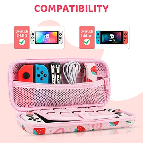 FANPL Carrying Case for Nintendo Switch and Switch OLED Accessories, Pink Strawberry Travel Case Bundle with Adjustable Shoulder Strap, Thumb Grips, Hard Switch Protective Case Cover Anti-Scratch — view 5