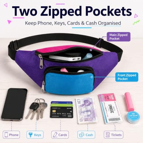 80s Retro Neon Bum Bag for Women Men, Bright Bumbag with 2 Zipped Pockets, Adjustable Waist Bag Crossbody Fanny Pack for Festivals Raves Fancy Dress Travel, 80s Accessories for Women — view 6