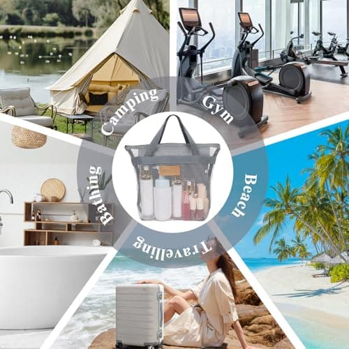 Minicoco Shower Caddy Bag with Hanging Hook Large Mesh Toiletry Organiser, Quick Dry Portable Tote for Gym, Swimming Pool & Travel Foldable, Waterproof Base (Grey) — view 6