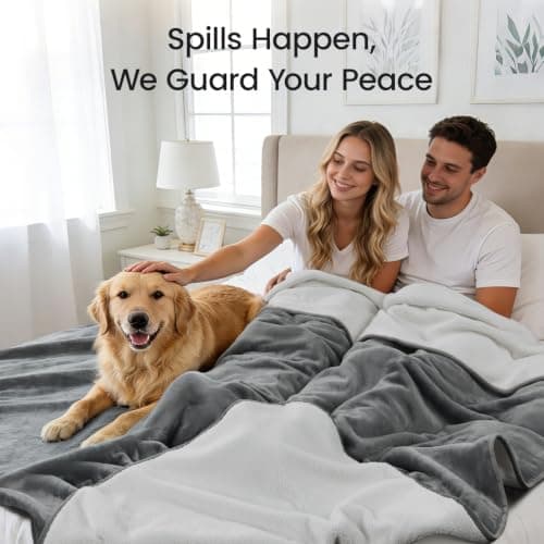 Waterproof Blanket for Bed Reversible Flannel Sherpa Throw Splash Blanket Leakproof Protector Cover for Bed Mattress, Sofa, Travel, Camping, Move Time from Pee Spills 203x229cm (Grey/White) — view 4