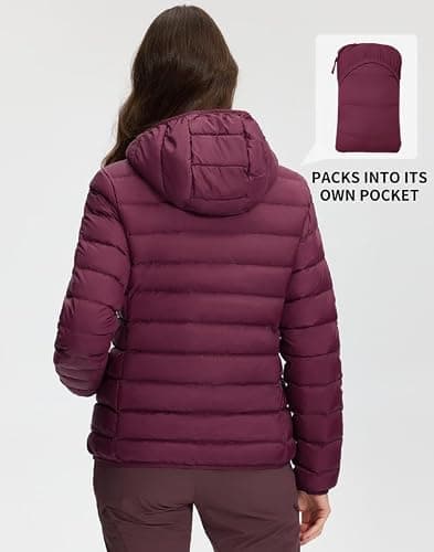 Pioneer Camp Women's Down Jacket, Lightweight Packable Insulation, Transition Jacket, Quilted Jacket with Hood and Zip Pockets, Winter Jacket for Hiking, Travel, maroon banner, M — view 3