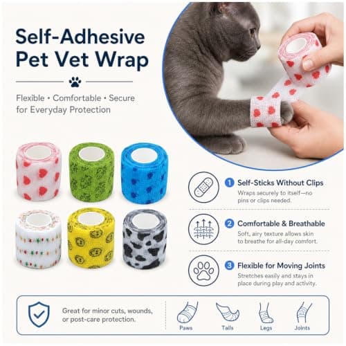 6 Pack Rolls Dog Bandages Vet Wrap, Self Adhesive Non-Woven Wrap for Cats and Pets, Breathable Stretch Tape for Paws, Legs and First Aid Kit Refills — view 4
