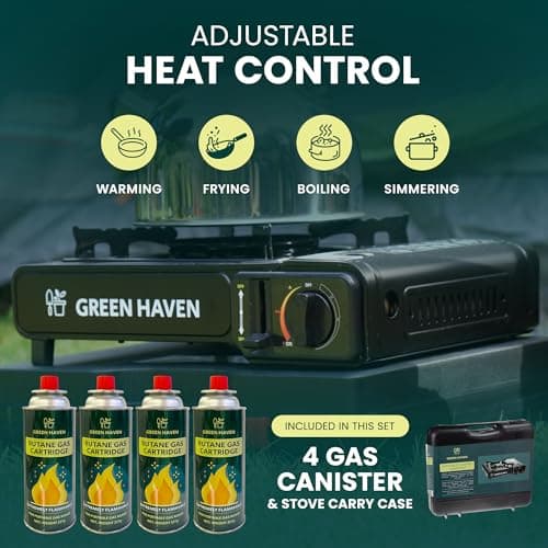 GREEN HAVEN Black Portable Camping Stove with Cary Case & 4 Butane Gas - Premium Camping Gas Stove, EN417 Compliant, Portable with Automatic Ignition & Heat Control — view 3