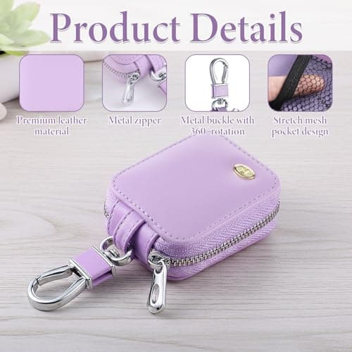 Purple Wired Earbuds Case, PU Leather Earbud Pouch with Zipper, Portable Small Earphone Case Organizer Keychain for Cable, Wired Earphone, Earbud — view 3