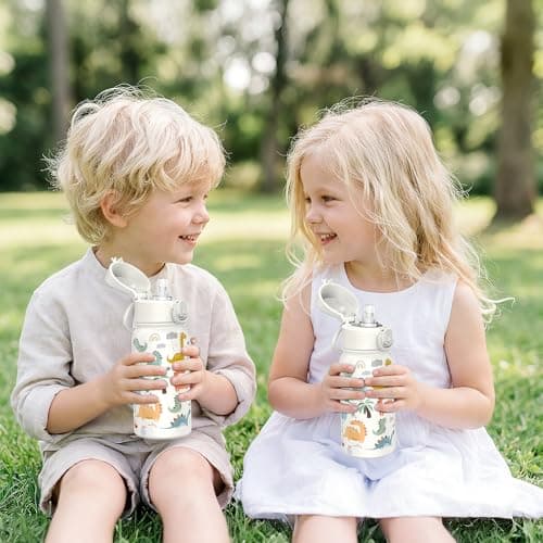 GOPPUS 350ml/12oz Kids Stainless Steel Water Bottle with Straw Toddler Drinks Bottle with Handle Small Insulated Bottles School Cold Metal Flask with Flip Top Lid BPA Free (White Dinosaur) — view 6