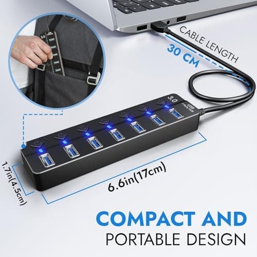 7-Port USB Hub 3.0 – Multi USB Port Hub with Individual Switches and Lights – USB Multiport Adapter Splitter – High-Speed USB Hub Extender for PC, Laptop, Macbook, Flash Drives, Mobile HDD — view 6