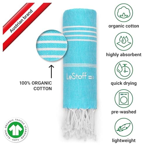 LeStoff Hammam Towel, Beach Towel, 100% Organic Cotton, 95x180 cm, Aqua — view 3