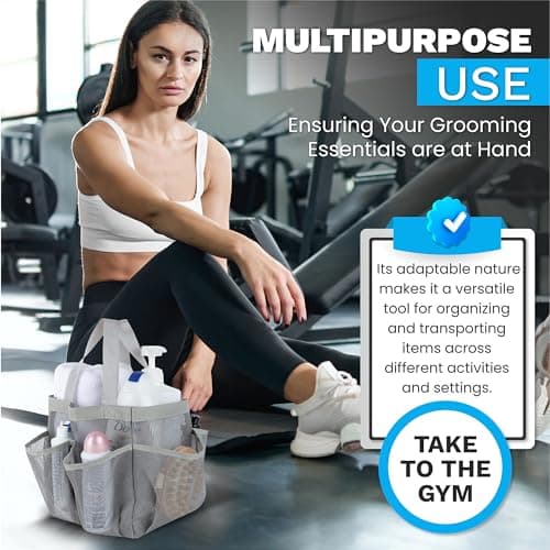 Handy Laundry Mesh Shower Caddy - 7 Pocket Portable Bathroom Organizer Tote for Travel, Gym & Dorm - Collapsible Small Shower Caddy Bag to Hold Toiletries & Essentials (Grey) — view 6