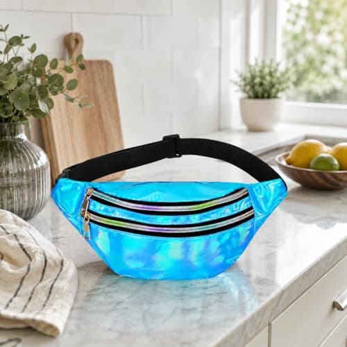 Fashion Metallic Bum Bag,Holographic Waist BagFanny Double Zipper Belt Bag Festival Rave Bumbags Waterproof Hip Pouch for Women Ladies Girls Travel Party Festival Sports Outdoor (Blue) — view 4