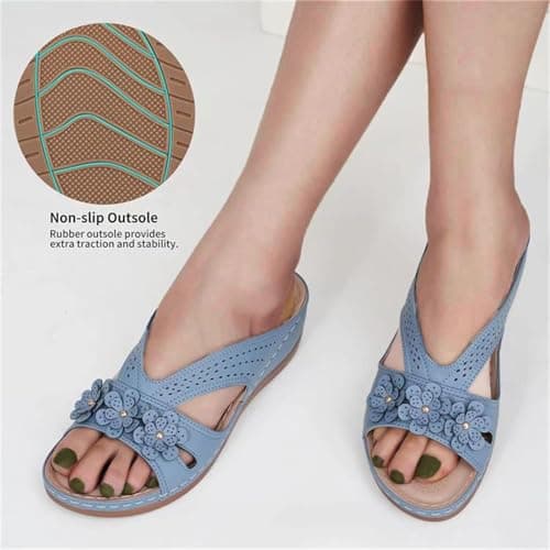 Orthopedic Sandals for Women UK Open Toe Dressy Summer Beach Sandals Wide Fit Walking Sandal Comfy Lightweight Footwear Ladies Backless Slip Ons Vintage Flower Boho Wedge Heel Sliders Sky Blue — view 4