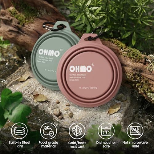 OHMO Collapsible Dog Bowl with Steel Ring, 400ml, 2pcs, Coral&Sage Green — view 5
