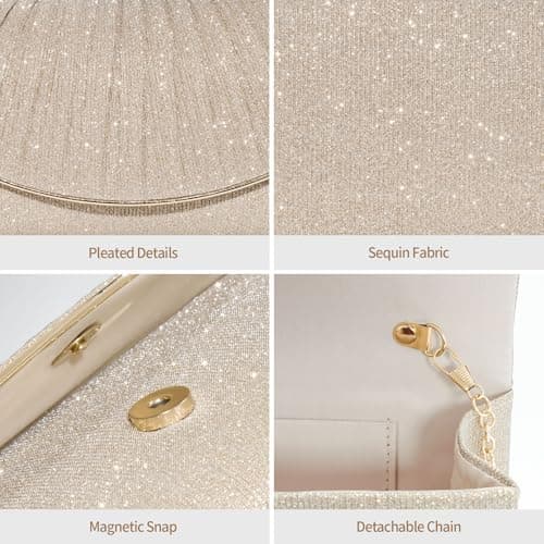 Toptime Champagne Gold Clutch Bags for Women, Envelope Pleated Women's Clutches Evening Bag, Sequins Prom Bag with Detachable Chain, Elegant Cross Body Small Handbag for Wedding Bridal Dinner Party — view 6