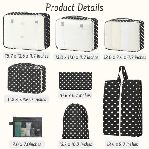 8PCS Packing Cubes for Suitcase, Travel Luggage Organisers for Backpack, Waterproof Storage Bags for Clothes Shoes, Travel Essentials Accessories - White Dots — view 2