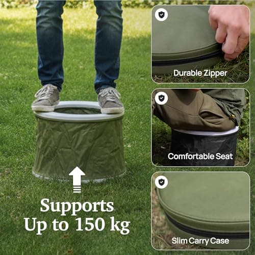 CarpLife Bivvy Loo Kit - Folding Portable Toilet with Liners, Waste Powder, Wipes - Collapsible Fishing Toilet, Festival Potty, Porta Potty Bucket, Portable Loo for Camping, Hiking & Road Trips, Green — view 5