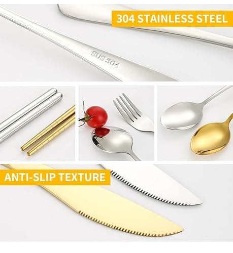HHZalvyre Stainless Steel Cutlery Set for 1 Person, Portable Travel Utensils with Case, 4-Piece Camping Set with Knife Fork Spoon & Metal Chopsticks, Reusable Silver Cutlery Set for Work Lunch — view 5