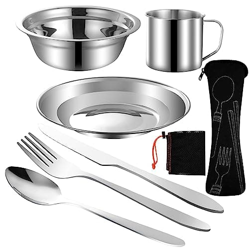 MOUFIER Outdoor Camping Cutlery Set Stainless Steel Tableware Mess Kit Includes Plate Bowl Cup Spoon Fork Knife in Mesh Bags for Camping Backpacking & Hiking for 1 Person, Silver (M028) — view 2