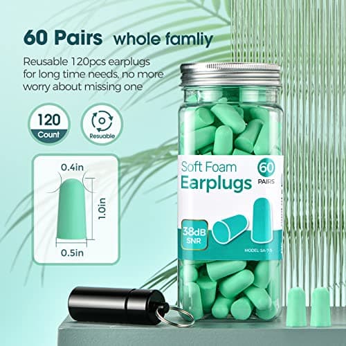 Ultra Soft Foam Earplugs, Noise Cancelling Earplugs for Sleeping, 38dB Highest SNR, One Size Fits virtually Every Wearer for Studying, Travel, Motorcycle, Loud Noise etc 60 Pair- Mint Green — view 6