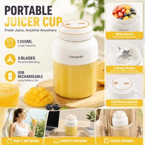 2026 New Portable Wireless Juicer Cup, 38 Blades Large Capacity Portable Blender, Freshly Juiced in 40s, USB Rechargeable with Dual Lid Multifunctional Bottle for Juices, Milkshake, Smoothie (Blue) — view 6