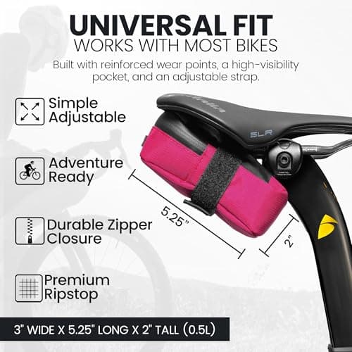 ALMSTHRE Signature Bike Saddle Bag – Passion Pink | 0.5L Bike Seat Bag (3" x 5.25" x 2") | Water-Resistant Ripstop, Waterproof Zipper, Internal Pocket | Durable Under Seat Storage — view 3
