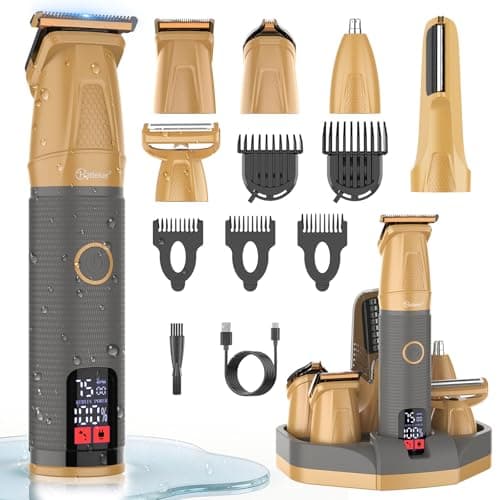 Hatteker Men's Hair & Beard Trimmer 6-in-1 Kit Precision Clipper Body Trimmer with Magnetic Attachments, Adjustable Length Waterproof (Gold)