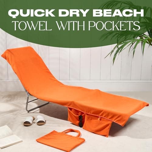Brentfords Sun Lounger Towels with Pockets, Microfibre Large Beach Towel in a Bag Sun Lounger Holiday Accessories Swimming Pool Quick Dry Travel Towels Summer Holiday Essentials - 215x75cm, Orange — view 2