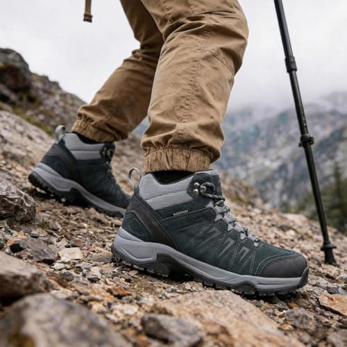 OUTJET Men's Waterproof Hiking Boots Lightweight Comfortable Leather Mid Ankle Outdoor Trekking Boot — view 2
