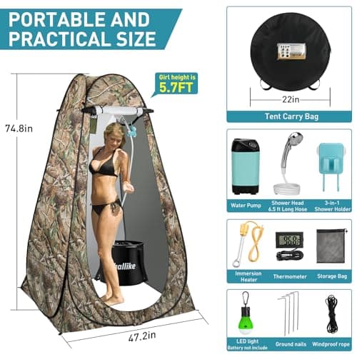 Thallike Portable Camping Shower Tent Kit, Pop Up Privacy Shelter with LED Lights, Rechargeable Shower Pump, 6.6 Gallon Collapsible Bucket, Adults Outdoor Hiking — view 5