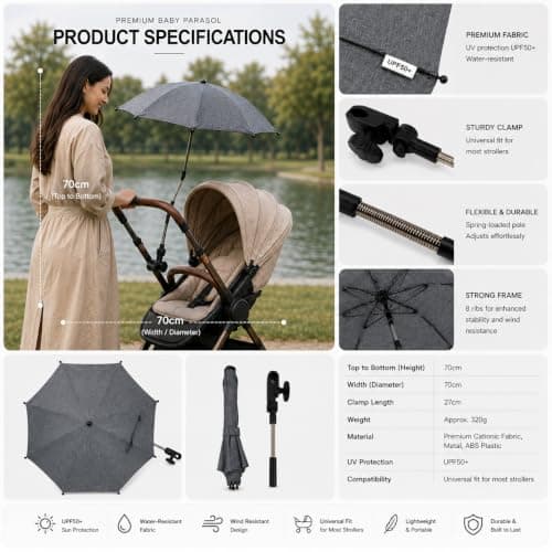 Premium Baby Parasol, SPF 50 UV Protection, 70x70cm, with Quick-Release Clamp, Compatible with All Pushchairs, Prams, Strollers and Travel Systems - Midnight Black | For Your Little One — view 5
