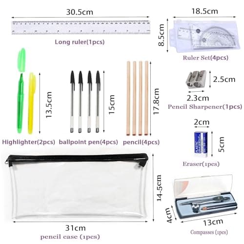 18 Pcs School Stationary Sets, Back to School Stationery Set, Exam Stationery Set, Assorted Stationary Pack with 4 Graphite Pencils, 4 Pens, 2 Highlighter, Eraser & Sharpener, Compass, Pencil Case — view 2
