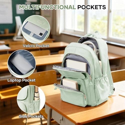 HYC00 School Bag Girls Teens Backpack Womens Fits 15.6 Inch Laptop Water-Resistant Lightweight Rucksack Bag for Women with Anti-Theft Pocket for School College Travel Work Casual Daypacks, Mint Green — view 5