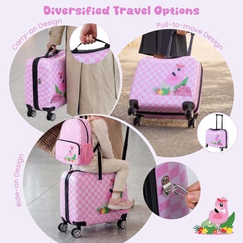 HOMFME 2PCS Kids Luggage Set, 46cm Children Ride on Suitcase (Pink, Bird) — view 3