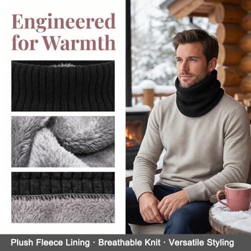 lifwimner 2 Pack Winter Neck Warmer Fleece Infinity Snood Scarf for Mens Women Thermal Knittted Neck Gaiter for Cycling Motorcycle Ski Sports(Black+Darkgrey) — view 2