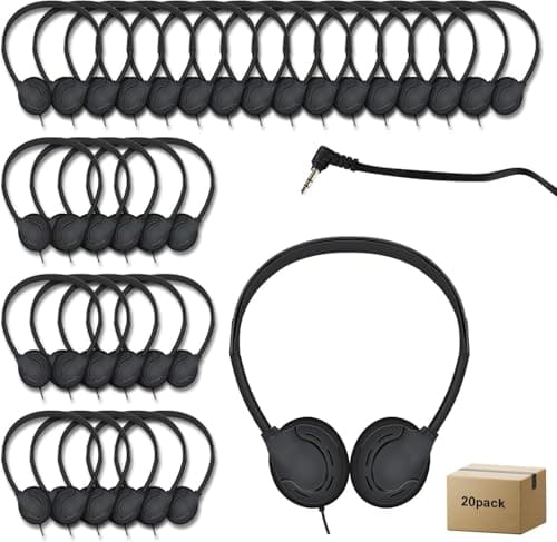 WAHUWAY 20 Pack Bulk Headphones for Kids Students School Classroom Bulk Earphones Adjustable with 3.5 mm Jack for Library Children Adults(004 Black Headphones)