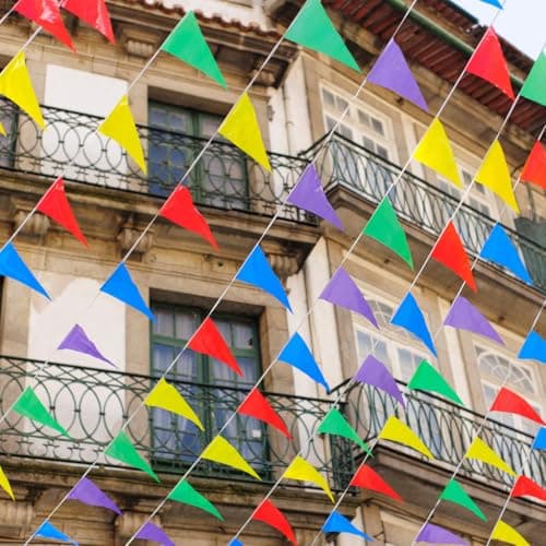 328ft/100M Bunting Banner, Bunting Outdoor Waterproof Reusable Nylon Fabric Pennant Bunting with 200pcs Triangle Flags for Mother‘s Day Garden Festival Birthday Wedding National Day Party Decorations — view 5