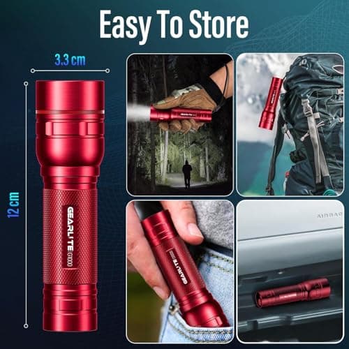 GEARLITE Rechargeable LED Torch, 2000LM Torches LED Super Bright with 3 Modes, Portable Small Torch with Battery, Waterproof Flashlight Zoomable for Power Cut, Emergency, Camping, Hiking, Outdoor-Red — view 6
