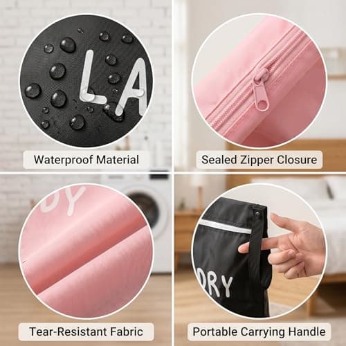 Hounyou 4Pcs Travel Waterproof Laundry Bag, Travel Laundry Bags for Dirty Clothes, Lightweight Small, with Handle & Zipper, for Swimming Home Holiday Camping (Pink, Black) — view 3