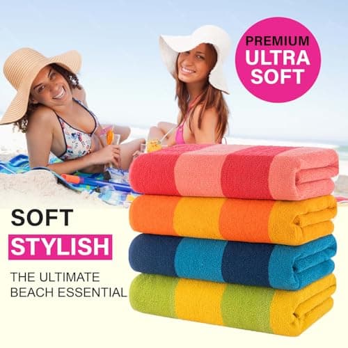 CASA COPENHAGEN Malibu Towel 4Pcs Orange,Ocean Blue,Blush Pink,Olive Green Designer Stripe Beach Towels Gift Set 30"x60" Oversized 100% Cotton Pool Bath Towel for Beach (Gift Set For Women & Men) — view 4