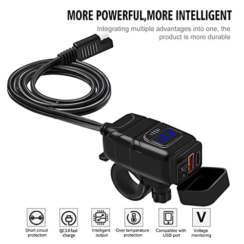 Kriogor Motorcycle Car Charger with QC 3.0 USB Socket and Type-C Port, IP65 Waterproof Dustproof Motorbike USB Adapter with 6-30V LED Voltmeter and On/Off Switch for 12V Boat Marine SUV (Blue) — view 5