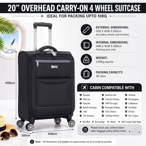 DK Luggage 55x40x20 cm Lightweight Cabin Suitcase for Ryanair, Wizz air, EasyJet, BA, Jet 2 Soft Shell 4 Wheel Spinner Carry on Hand Luggage (WLS Black, 20" Cabin) — view 2