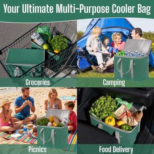 VENO 2Pcs Reusable Cooler Bag, Large Cooler Bag with Lid, Durable Handles, Double Zippers, Stand-up Shopping Bag, Foldable Lunch Bag, Picnic Bags (Dark Green, 2PCS) — view 5
