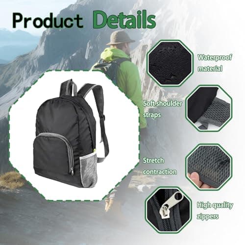 Ultra Lightweight Rucksack Small Backpack Foldable Compact Daypack, Black — view 5