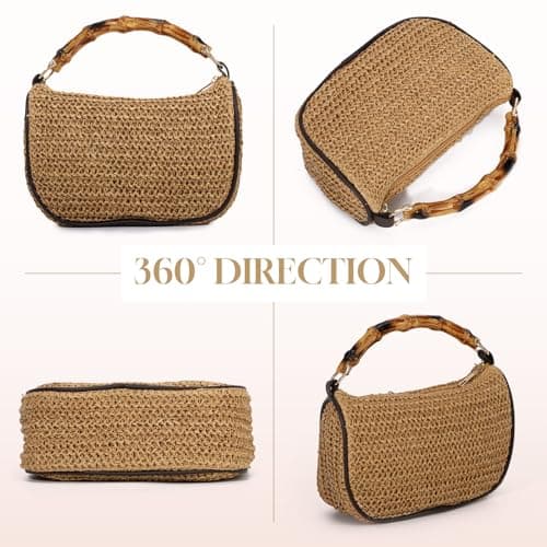 Freiesoldaten Women Straw Crossbody Bag, Boho Woven Small Shoulder Purse with Faux Bamboo Handle, Detachable Metal Chain Strap Casual Handbag for Summer Beach Vacation Travel Daily Use — view 3