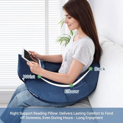 INFANZIA Reading Pillow for Gaming, Arm Rest Support Pillow, U-Shaped Lap Pillow with Side Pocket for Bed & Sofa, Compact Gaming Pillow with Tablet Support for Reading, Crocheting, Working (Blue) — view 4